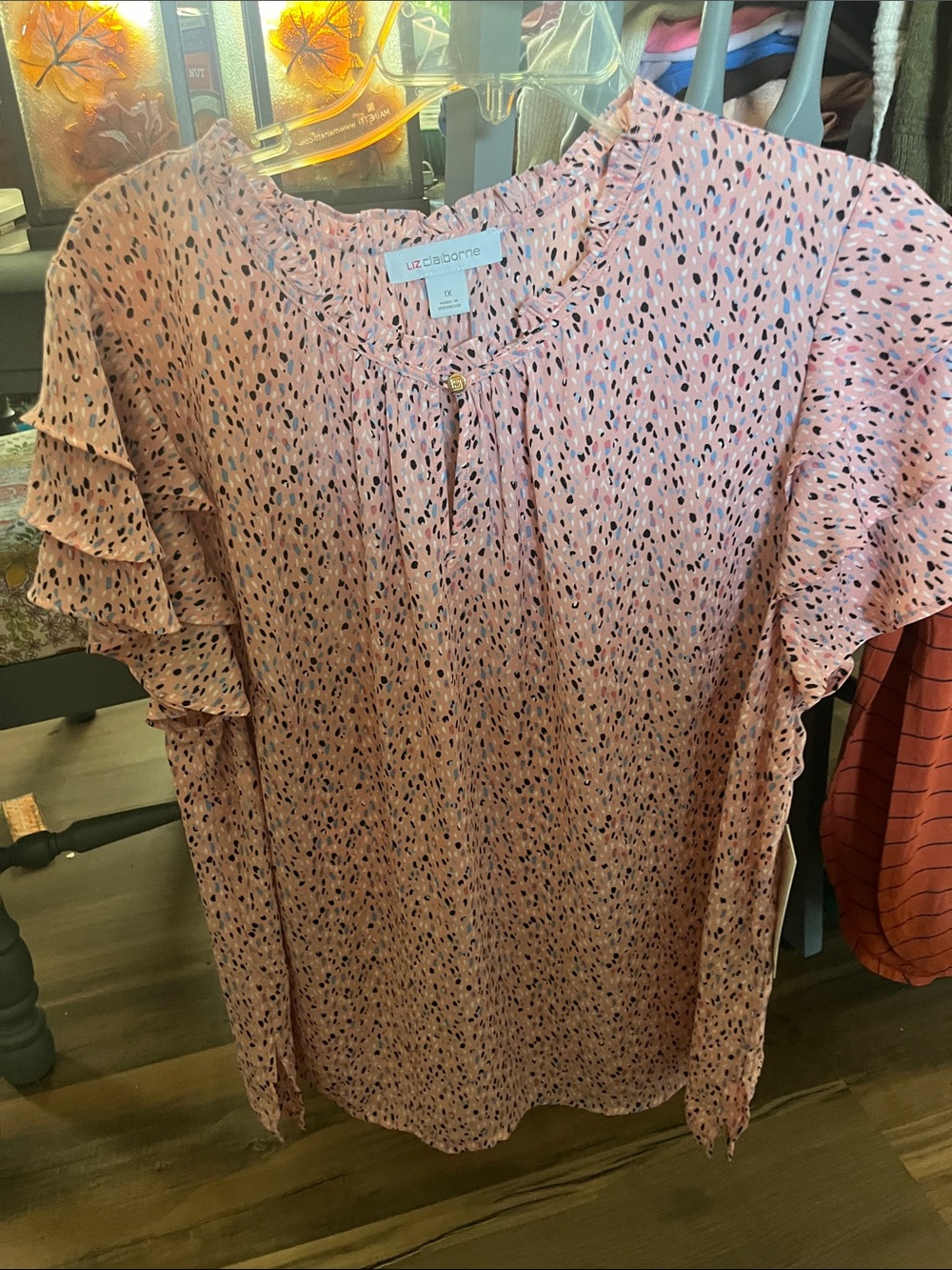 New Liz Claiborne Pink Multicolor Speckled Ruffle Sleeve Blouse sz 1x